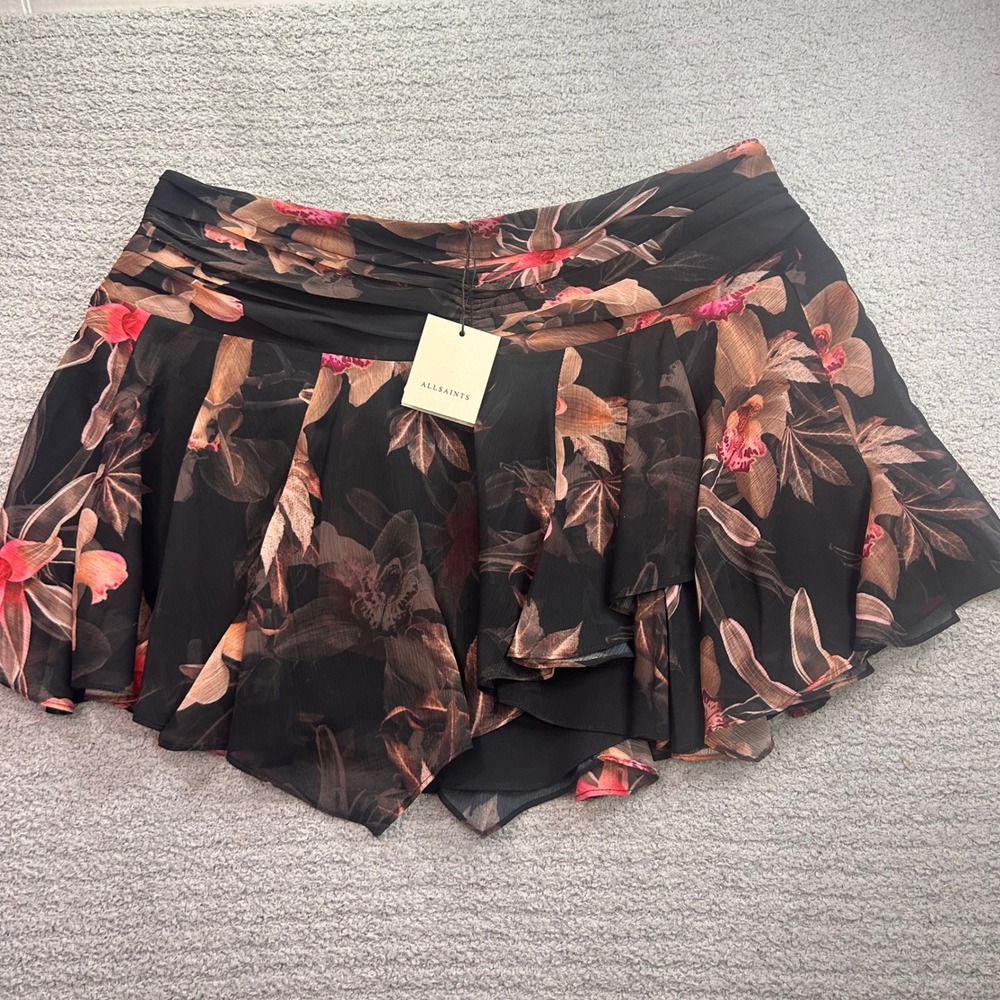 AllSaints nwt Erica Floral Miniskirt Ruched Ruffle size 12 Goth Edgy Boho Chic